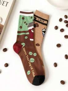 1/2 Pairs Creative Coffee Print Mid-Calf Socks For Women, AB Style Fun Coffee Bean Cartoon Pattern Socks, Versatile Casual Socks - Multicolor - View 4