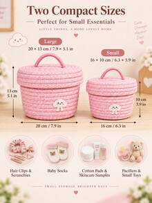 1pc Cute Woven Storage Basket For Home Lovers, Decorative Rope Organizer With Adorable Cartoon Patch Design, Handmade Storage Box With Lid For Toys, Clothes, Bedroom, Living Room Organization & Home Decor - Multicolor - View 2