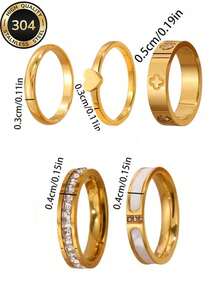 5pcs/Set 304 Stainless Steel Gold Tone Band Rings Heart Zirconia & White Enamel Stacking Rings Waterproof Jewelry - Gold - View 2