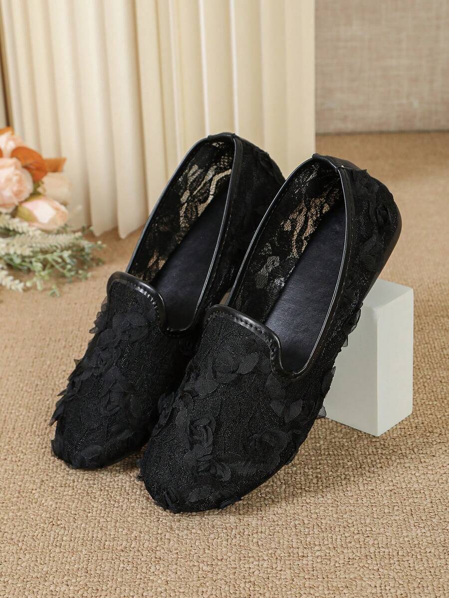 Black Mesh 3D Rose Loafer Flats, Square Toe Low Vamp Design, Breathable Mesh Fabric, Slip‑On Women Shoes For Daily Outings - Black - View 1