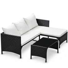 AYAYM Garden Furniture Set With Cushions, Convertible L‑Shaped Outdoor Rattan Sofa Set With Storage Box & Glass Coffee Table For Patio Conservatory Garden, Black & White - 3‑seater L‑shape Corner Sofa With Coffee Table - View 1