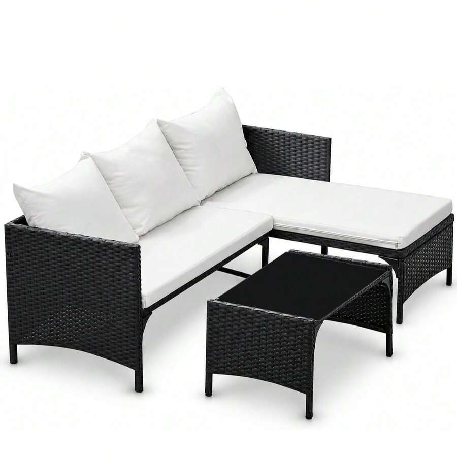 AYAYM Garden Furniture Set With Cushions, Convertible L‑Shaped Outdoor Rattan Sofa Set With Storage Box & Glass Coffee Table For Patio Conservatory Garden, Black & White - 3‑seater L‑shape Corner Sofa With Coffee Table - View 1