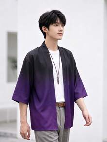 男士和服風開襟衫休閒襯衫,漸層色夾克上衣,可機洗,易打理,舒適面料 - 紫色 - 查看 7
