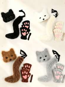 Realistic Cat Ear & Fox Tail Set, Anime Animal Ear Tail Mask & Glove Combo. Plush Realistic Animal Ears With Fluffy Tail And Decorative Mask, Elastic Material For Comfortable Wear. Suitable For Anime Conventions, COSPLAY Role Play, Theme Parties, Music Festival Outfits. Cute & Eye-Catching Personalized Gift,Halloween - A - View 1