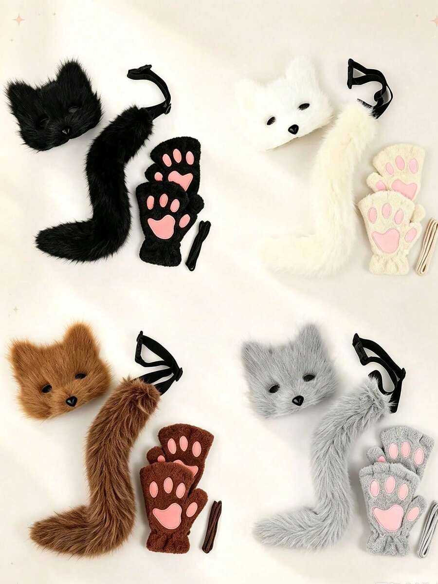 Realistic Cat Ear & Fox Tail Set, Anime Animal Ear Tail Mask & Glove Combo. Plush Realistic Animal Ears With Fluffy Tail And Decorative Mask, Elastic Material For Comfortable Wear. Suitable For Anime Conventions, COSPLAY Role Play, Theme Parties, Music Festival Outfits. Cute & Eye-Catching Personalized Gift,Halloween - A - View 1