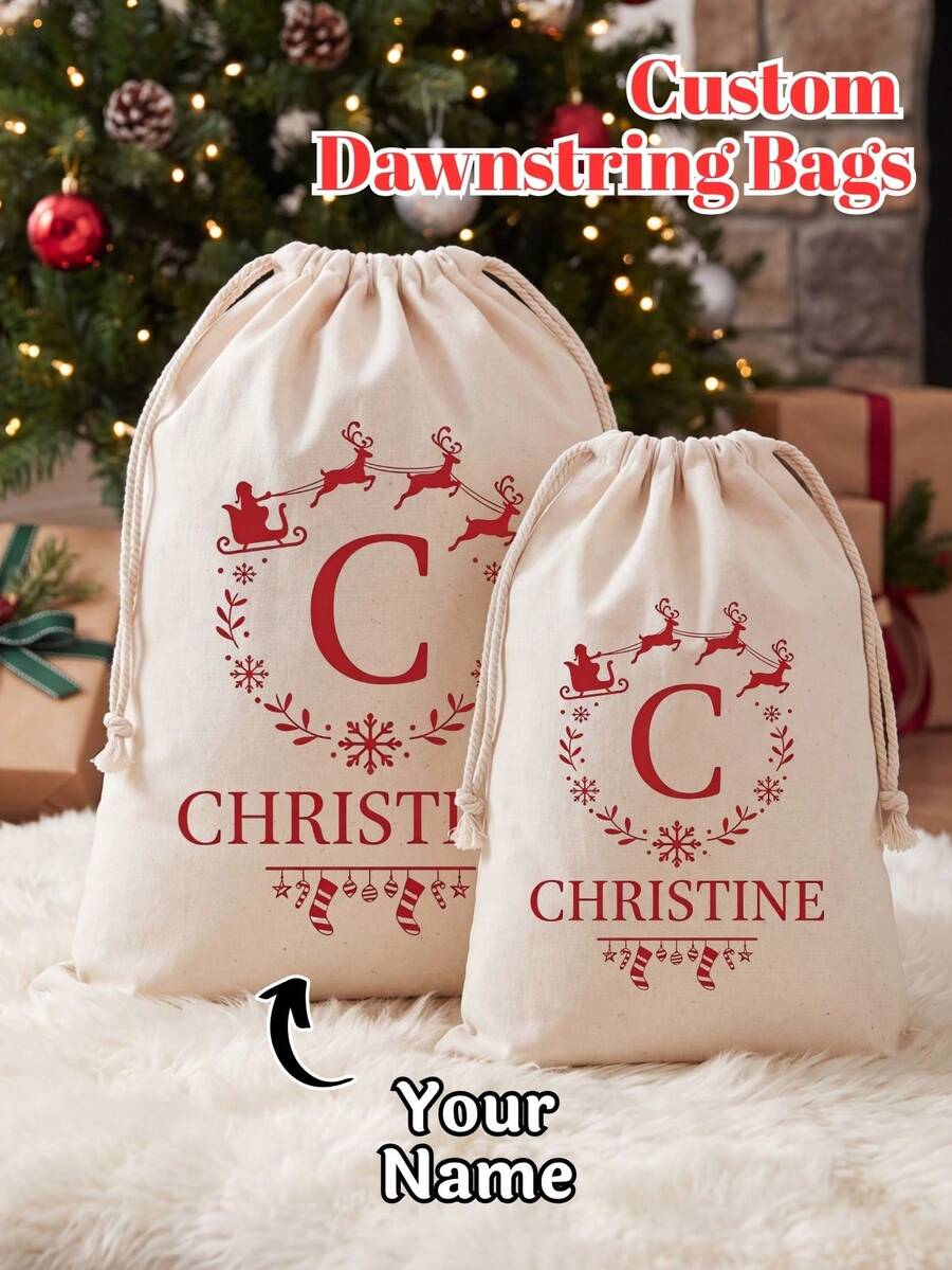 Custom Christmas Canvas Drawstring Gift Sack, Personalized Name & Monogram Santa Sleigh Print Storage Bag, Reusable Xmas Gift Holder, Great Gift For Family & Friends - Multi-color 1 - View 1