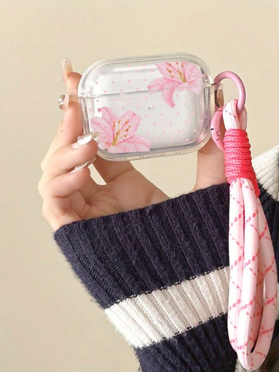 Transparent Pink Lily Small Polka Dot Compatible With Airpods 5 Protective Case, High-Definition Print Non-Fading Earphone Shell + Pink Plaid Woven Lanyard, Student Commute Spring Outing Versatile Fresh Style Compatible Compatible With Airpods 1/2/3/4/5/Pro/Pro2/Pro3, Affordable Gentle Floral Gift For Best Friend, Daily Versatile Practical Small Gift - Pink Lily + Pink Lanyard - View 1