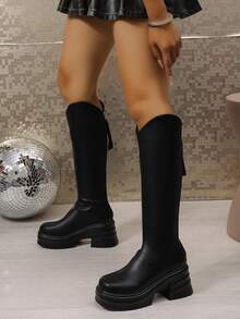 Women's Fashion Classic Knee-High Boots With Back Zipper, Thick Sole, Western Style Black Boots For Daily Wear - Black - View 3