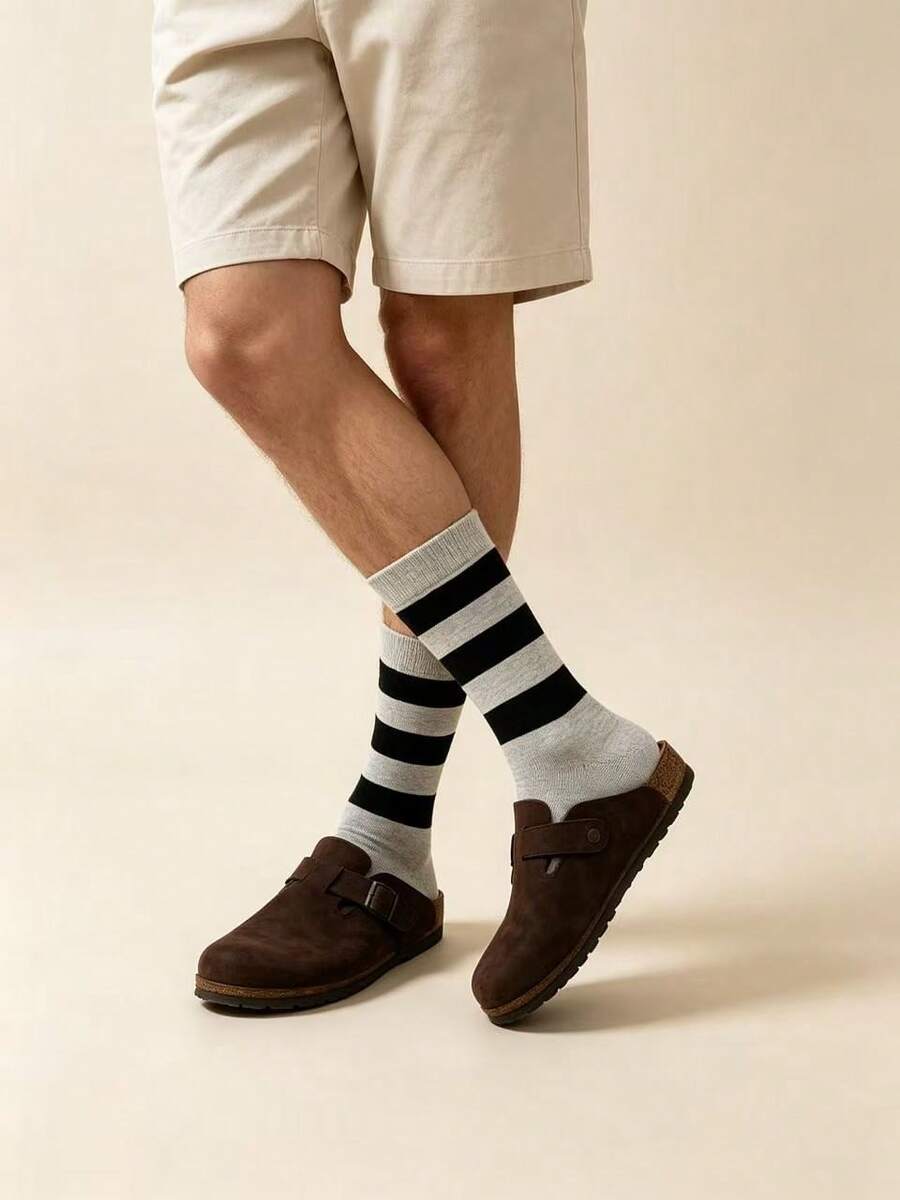 Men's 3-Stripe Striped Mid-Calf Socks, Autumn/Winter Retro Versatile Casual Sports All-Match Socks - Light Grey - View 1