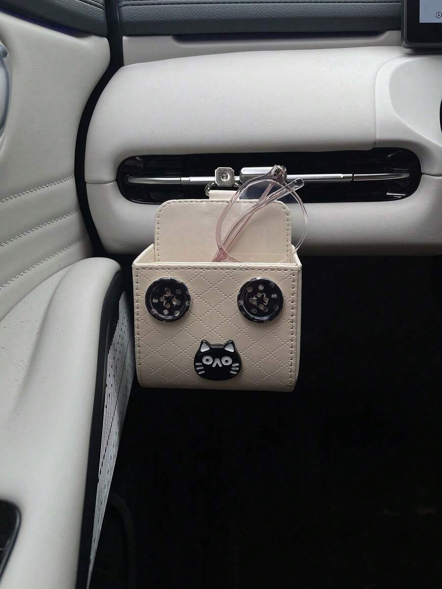 1pc Creative DIY Striped Button Resin Cat Car Air Vent Storage Box, Creative Car Interior Phone & Sundries Storage Bin, Car Air Vent Leather Phone, Coin & Card Hanging Organizer Pocket, Hanging Car Interior Storage Box - Multicolor - View 1