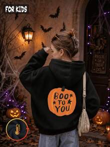 بلوزة هودي من الصوف الناعم للبنات بطبعة قرع برتقالي وعبارة BOO TO YOU للهالوين والخريف والشتاء - الأسود - مشاهدة 5