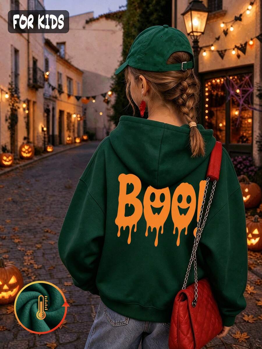 Halloween Autumn Winter Girls Hooded Fleece Sweatshirt With Orange Dripping BOO! And Print, - Dark Green - View 1