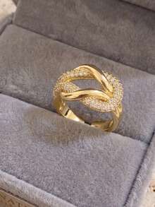2Pcs Luxury Interwoven Knot Zirconia Gold Bangle Ring Set, Sparkling Full Pave CZ Bracelet & Ring, Wedding Banquet Evening Party Fashion Jewelry - Multicolor - View 10