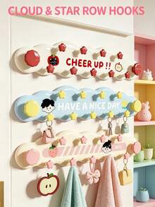 5/1pcsCream Minimalist Style Plastic Cloud Shaped Wall Hook Rack With Star Decor&Letter Print Detail, Punch-Free Strong Load-Bearing Hanging Holder,Multi-Hook Wall Mounted Hanger,Suitable For Entryway,Bedroom, Dormitory,Bathroom,Storage Organization - Multicolor - View 1