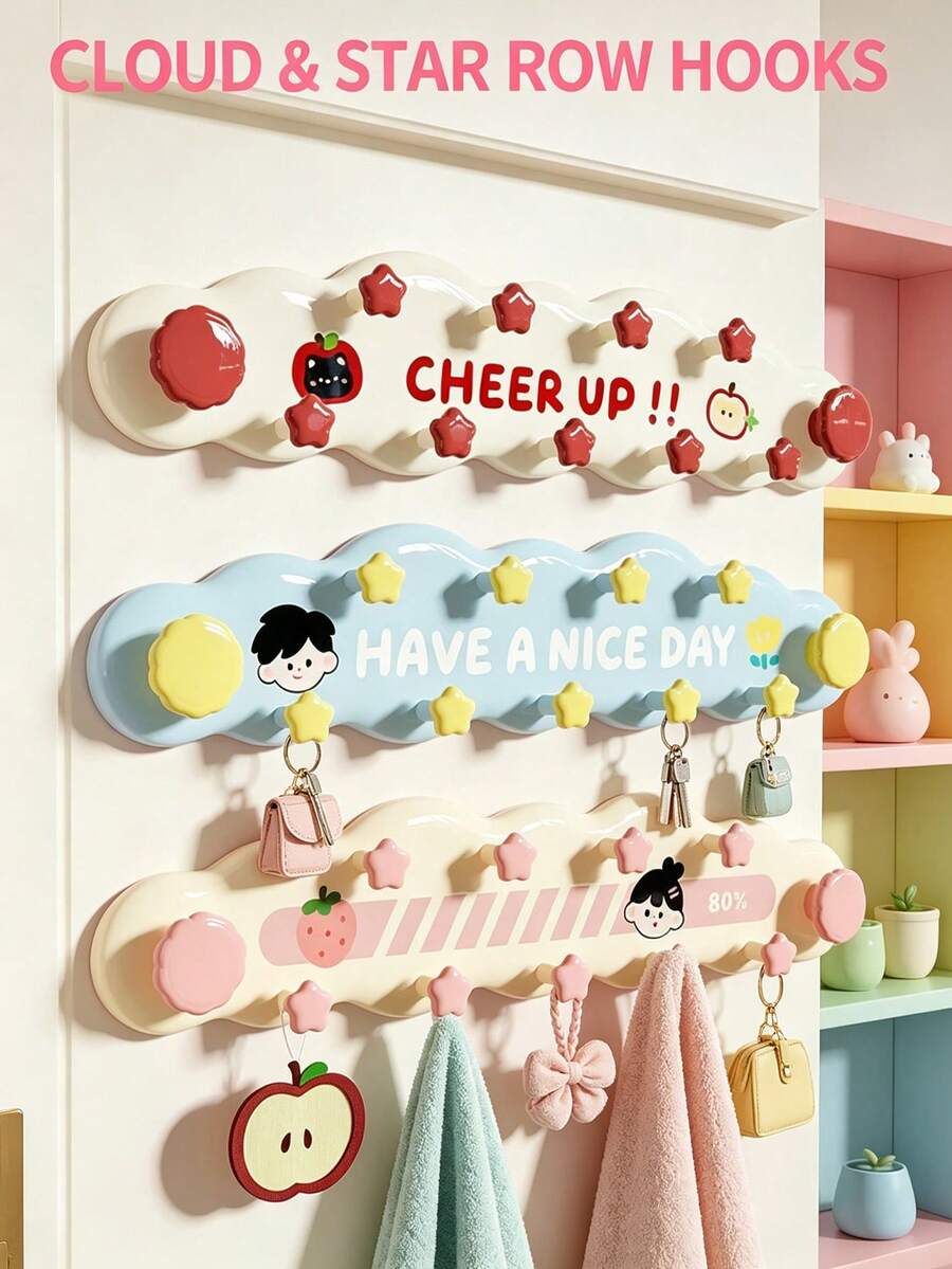 5/1pcsCream Minimalist Style Plastic Cloud Shaped Wall Hook Rack With Star Decor&Letter Print Detail, Punch-Free Strong Load-Bearing Hanging Holder,Multi-Hook Wall Mounted Hanger,Suitable For Entryway,Bedroom, Dormitory,Bathroom,Storage Organization - Multicolor - View 1