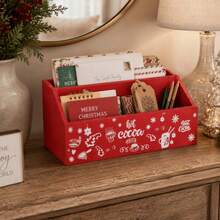 1pc Christmas Red Wooden Hot Cocoa Bar Caddy, Snowflake Letter Print Multi Compartment Storage Organizer, Open Top Rectangular Wood Box, Christmas Holiday, Kitchen Countertop Home Desktop Supplies Decor - Multicolor - View 2