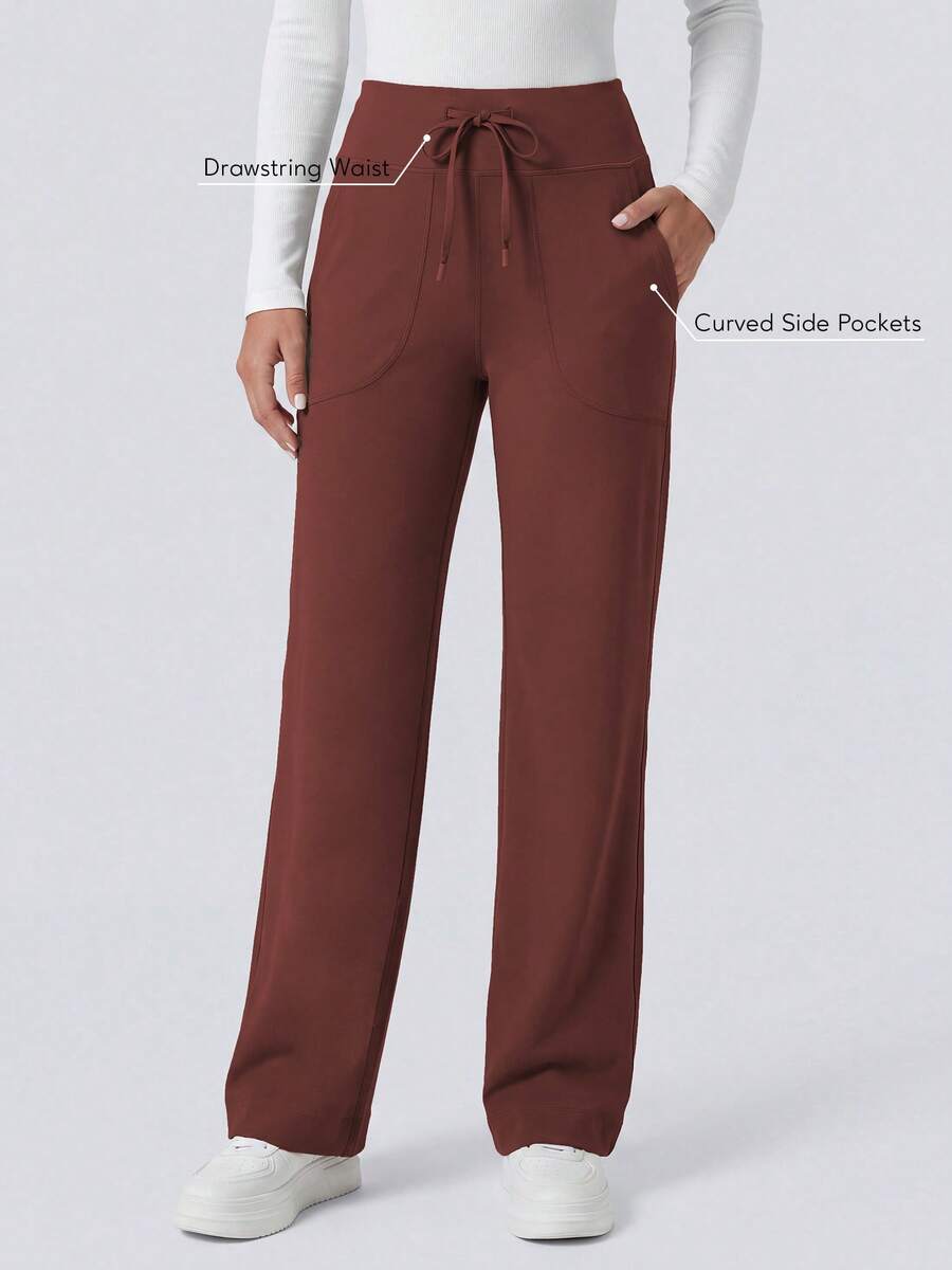Sodalemon Women's Drawstring Training Pants, Straight Leg, Side Pockets, Loose Fit, Athletic, Pilates, Casual, Solid Color, Running, Hiking, Comfy, Breathable - Burnt Orange - View 1