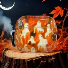 Warm Orange Flame Ghost Pumpkin Theme Earphone Protective Case, Paired With Black Round Ring Buckle, Transparent Warm Orange Gradient Shell Body, Floating Multiple White Little Ghosts, Background With Flame-Like Orange Texture, Full Of Halloween Atmosphere. Wavy Soft Shell Contour, Shell Fits Earphone Body Perfectly, Precise Charging Port Opening, Unobstructed Earphone Opening And Closing, Easy And Smooth Installation And Removal. - Orange - View 6
