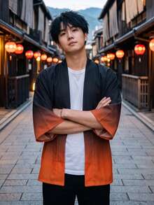 Men's Vintage Gradient Japanese Style Printed Cardigan Shirt - 100% Polyester Lightweight Loose Collarless Design, Spring Summer Autumn Sun Protection Shawl, Machine Washable, Fashion Gift, Seasonal , Durable Construction, Fashion Coverage, China Size, Please Check Size Chart Carefully - Coral Orange - View 4