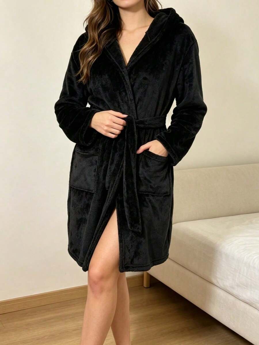 1pc Women's Solid Color Hooded Belted Plush Bathrobe, Comfortable Warm Pajamas For Autumn/Winter - Black - View 1