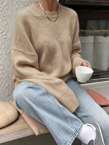 Soft Plush Round Neck Knitted Sweater, Dropped Shoulder Wide Cuff Loose Casual Minimalist Women's Autumn/Winter Pullover - Oatmeal - View 2