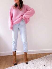 Women's Plus Size Autumn Bright Pink Fuzzy Mohair Knit Sweater, Cute Winter Thick Warm Pullover, New Autumn Arrival - Pink - View 5