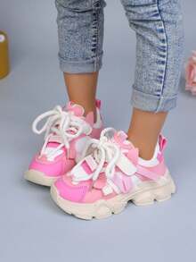 1 Pair New Chunky Sneakers For Summer And Autumn, Versatile Fashionable Leather Upper, Durable - Pink - View 3