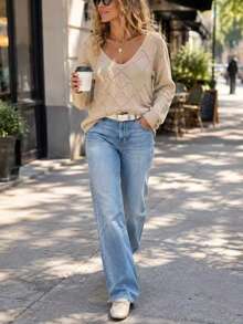 Women's Plus Size Knit Sweater V-Neck Long Sleeve Pullover With Drop Shoulder And Rib-Knit Details, Perfect For Fall & Winter Wear - Apricot - View 4