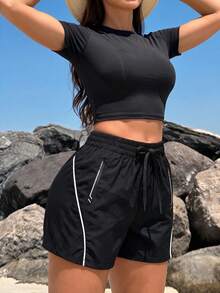 Women's Summer Sports Printed Solid Color Shorts, Elastic Waist Drawstring Running Pants, Suitable For Indoor Fitness And Outdoor Running - Black - View 2