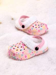New Girls' Fashion Versatile Casual Winter Thermal Lined Warm Pink Star Hollow Clogs - Pink - View 4
