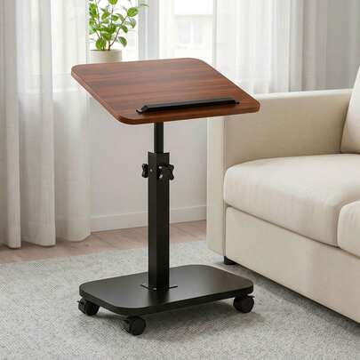 Mesa lateral para sofá con ruedas, bandeja giratoria 360° para apoyabrazos de sofá, mesa de aperitivos con patas ajustables que ahorra espacio para comer junto al sofá, la cama o la televisión
