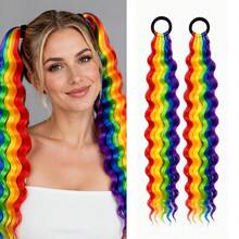 Women Synthetic Long Curly Wavy Ponytail Extension, Heat Resistant High Density Fake Hair, Natural For Cheer, Sports, Party, Festival Occasions - Multicolor - View 7