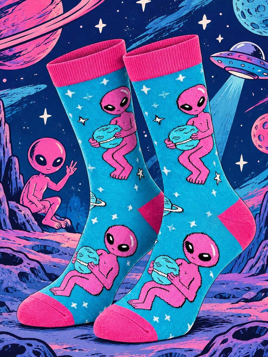 1雙男士趣味外星圖案中筒襪，太空行星卡通設計，秋冬襪，萬聖節/聖誕節男士禮物