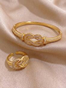 2Pcs Luxury Interwoven Knot Zirconia Gold Bangle Ring Set, Sparkling Full Pave CZ Bracelet & Ring, Wedding Banquet Evening Party Fashion Jewelry - Multicolor - View 6