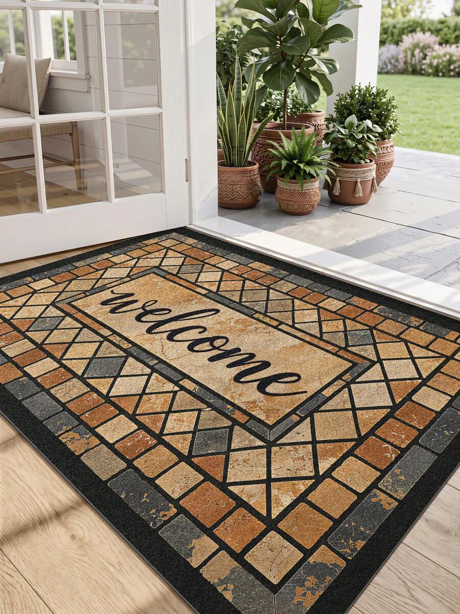 DAJIANG 1PC Door Mat Outdoor Rugs Retro Mosaic Tile Pattern Welcome Mat Runner Area Rug TPR Backing Non-Slip Floor Mat, For Bathroom, Indoor, Corridor, Bedroom, Living Room, Beside Throw Rugs Machine Washable Rug, Easy Clean Entryway Mat Fall Home Decor