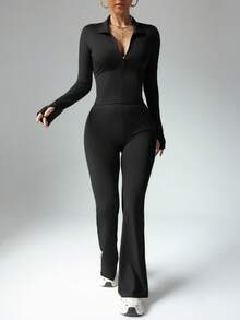 Women's Solid Color Long Sleeve Top And Fitted Sports Pants Set, Suitable For Fitness And Workout Black - Black - View 7