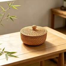 5.51" Diameter X 2.95" Height Handmade Woven Rattan Storage Box, Desktop Organizer - View 3