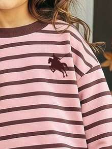 Young Girl Cartoon Print Round Neck Long Sleeve Top And Pants - Pink - View 3
