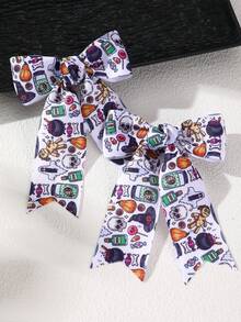 2pcs/12pcs Girls Halloween Multi-Color Printed Long Ribbon Bow Hair Clips Set, Cartoon Pumpkin Ghost Spider Pattern Hair Clips For Kids, Holiday Party Cosplay Costume Satin Ribbon Hair Accessories - Multicolor - View 4
