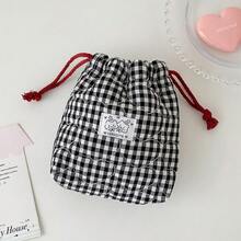 1pc Heart Quilted Drawstring Pouch Grid Print Cosmetic Bag Portable Travel Storage Bag For Makeup Jewelry Accessories & Earbuds Multi-Use Sundries Bag - Multicolor - View 16