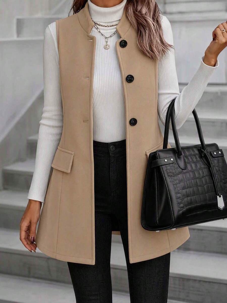 Rompi Tanpa Lengan Wanita Musim Gugur/Dingin Elegan Minimalis Kerah Tegak Kecil Saku Palsu Warna Polos Kasual untuk Perjalanan Sehari-hari Kancing Depan Campuran Wol - Khaki - View 1