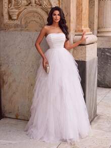 Elegant Strapless Formal Dress, Ruched Mesh Bodice, Long Flowing Skirt, Suitable For Special Occasions - White - View 5