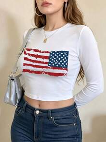 A New Women's Casual Top Featuring A , Retro, Fitted Style And A Stars And Stripes Silhouette Print. - White - View 6