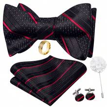5Pcs Men Red Stripe Paisley Jacquard Hand-Tied Bow Tie Pocket Square Cufflinks Ring Boutonniere Set, Cufflinks Pattern Random For Wedding - Red - View 2
