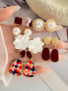 5 Pairs Camellia Thick Gold Earrings Set Women Faux Pearl Oil Drop Earrings Niche Elegant Earrings Fashion Party, Travel Vacation, Engagement Gift, Suitable For Various Occasions - Multicolor - View 7