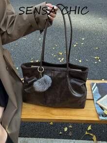 Tote Bag With Pom Pom Charm Decoration, Long Handle With Vertical Stitching Design, Vintage Maillard Style Tote Bag, Large Capacity Soft Draping Storage, Versatile Women's Shoulder Bag For Daily Commute And Travel - Coffee - View 1