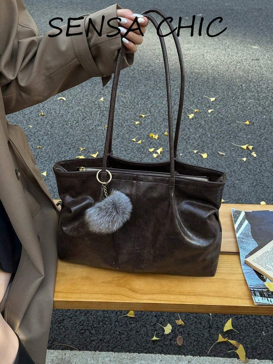 Tote Bag With Pom Pom Charm Decoration, Long Handle With Vertical Stitching Design, Vintage Maillard Style Tote Bag, Large Capacity Soft Draping Storage, Versatile Women's Shoulder Bag For Daily Commute And Travel - Coffee - View 1