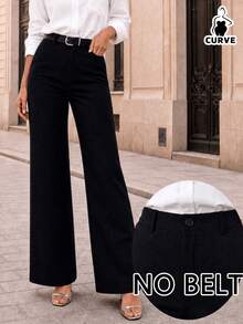 Fashion Plus Size Black Woven Straight Leg Pants, Button & Zipper Detail, Non-Stretch Fabric For A Sleek Look - Black - View 1
