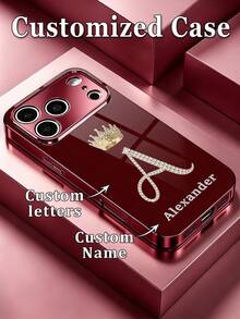 1pc Customized Name Fashion Phone Case, Printed Rhinestone Initial With Gold Crown Pattern, Burgundy Electroplated High-Definition Glass Shell Compatible With Apple Duo/18ProMax/17ProMax/16Pro/15/14Plus/13Pro/12ProMax/11/XsMax & S26Ultra/25Plus/24/23/22 & A36/A35/A33/A31/A26/A15/A13/Note20/10Pro And Other Series Models - Burgundy - View 8