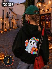 Halloween Autumn Winter Girls' Hooded Fleece Sweatshirt With Rainbow Bow Ghost Holding Ice Cream And Pumpkin Print - Black - View 1